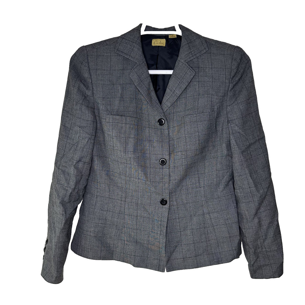 Caslon Blazer Womens Size 10 Gray Plaid Wool Blend Three Button Career‎ Jacket